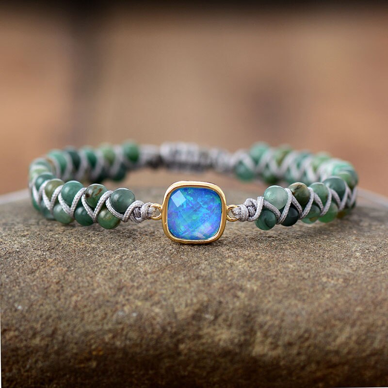 Bracelet Tressé Opale + Jade, Rhodonite ou Howlite